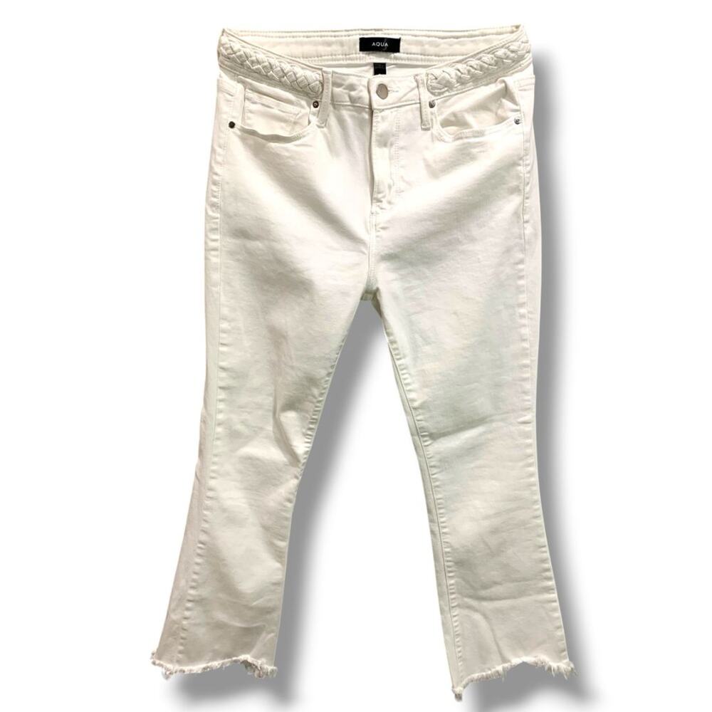 Size 28 Aqua White Stretch Denim Jeans Womens Straight Leg Raw Hem Crop